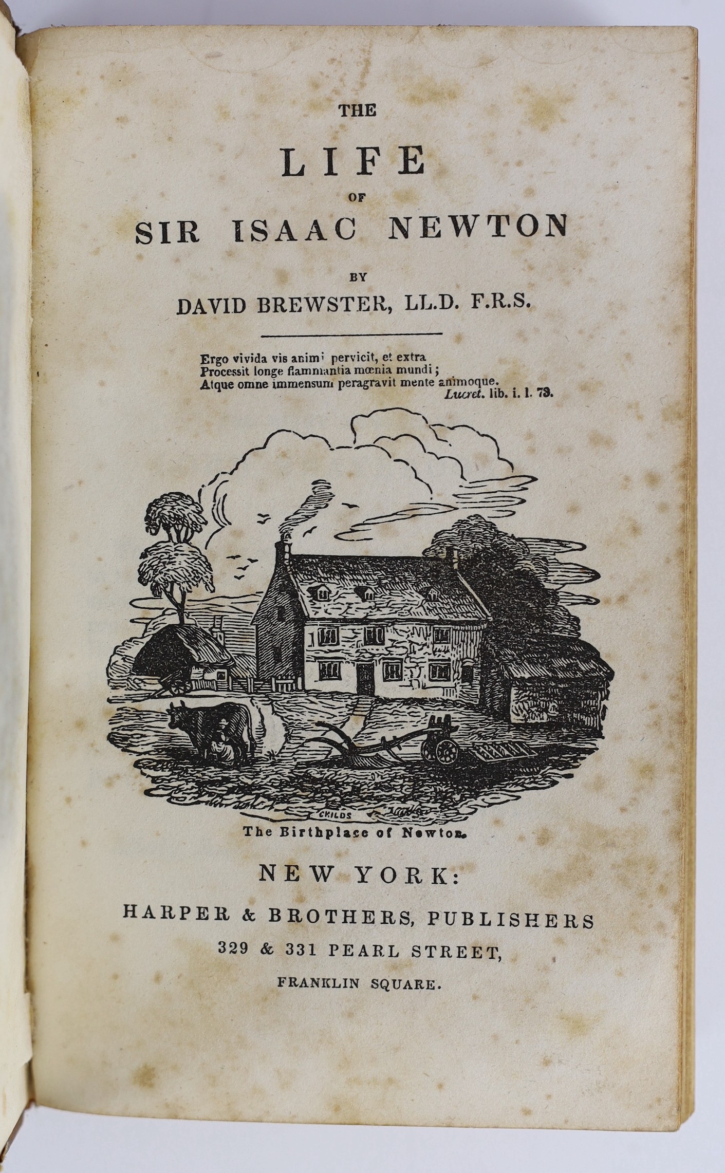 Swan, John - Speculum Munda or, a Glass Representing the Face of the World, 2nd edition, 4to, calf rebacked, facsimile title, Roger Daniel Printer, Cambridge, 1643 and Brewster, David - The Life of Sir Isaac Newton, 12mo